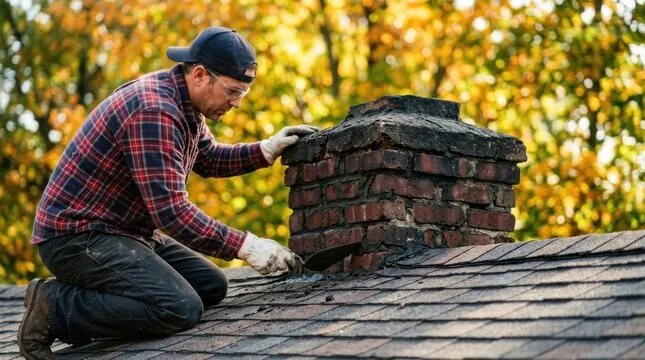 Mason kneeling on a shingle roof checking an old chimney crown
