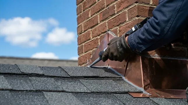 Caulking copper counterflashing along a brick chimney at the roofline