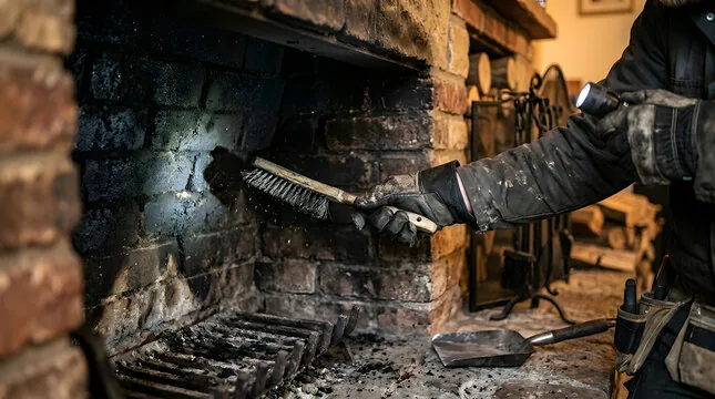 Hand brush and flashlight being used to clean a sooty brick firebox