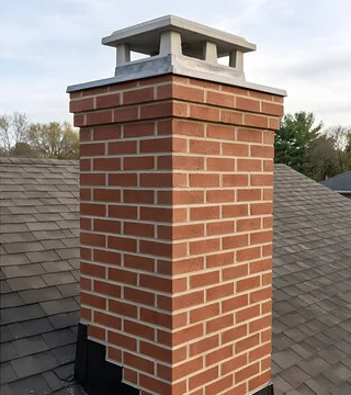 After: chimney rebuilt in new red brick with a crown and a light-colored cap