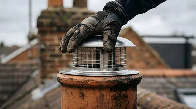 Gloved hand fitting a stainless screened cap onto a clay chimney pot